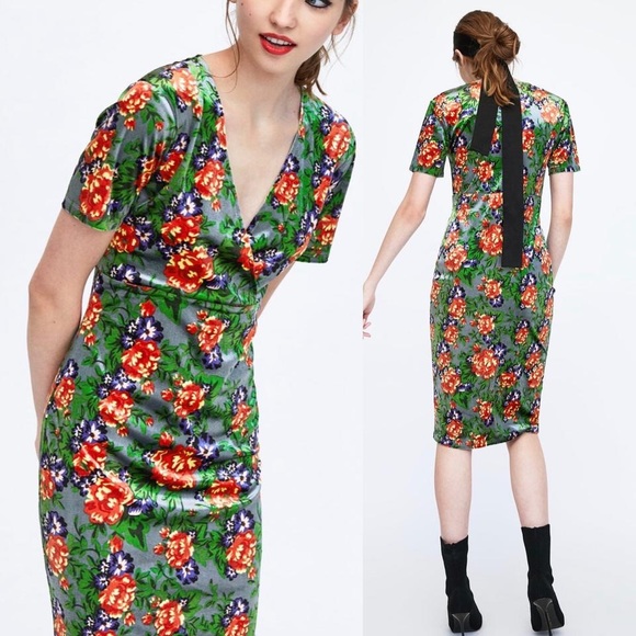 ZARA Velvet MIDI Floral Dress Small N4 - Picture 2 of 3